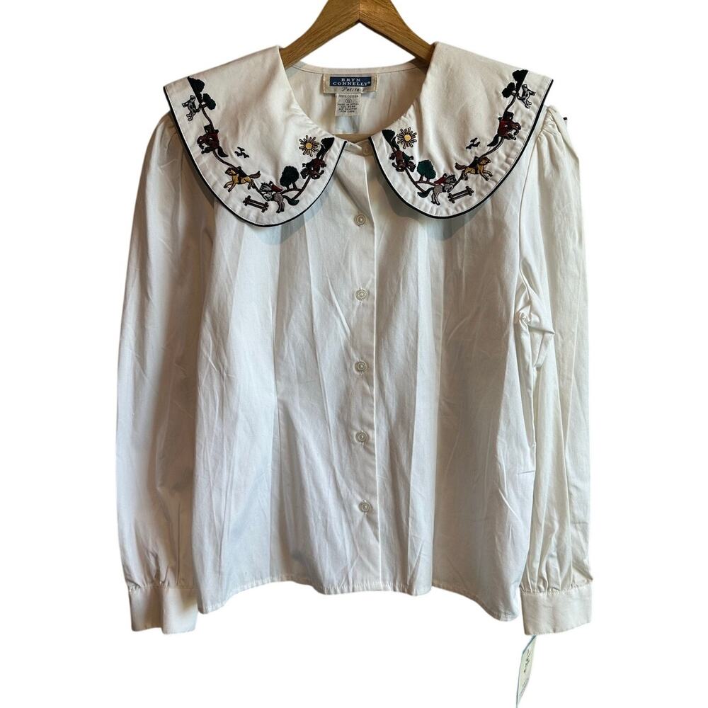 Vintage Bryn Connelly Peter Pan Collar Horse Embroidered Button Up White 6P - Picture 1 of 10